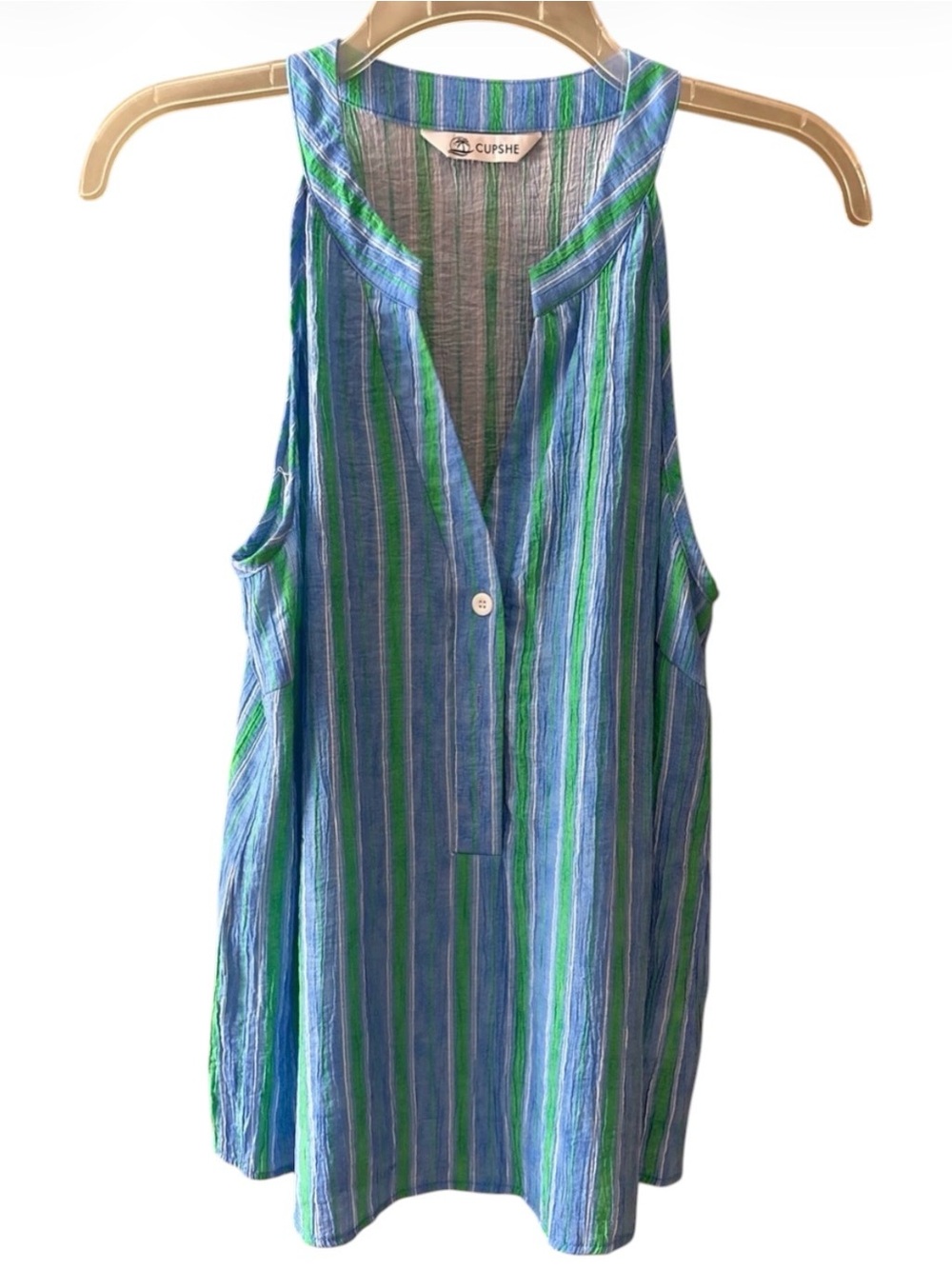 CUPSHE Blue and Green Vertical-Stripe Sleeveless Split Neck Top Size M